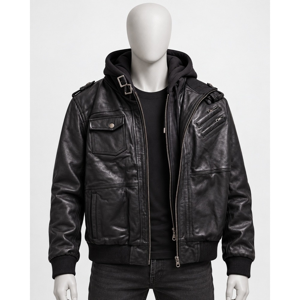 Real leather brand black jacket with hoodie